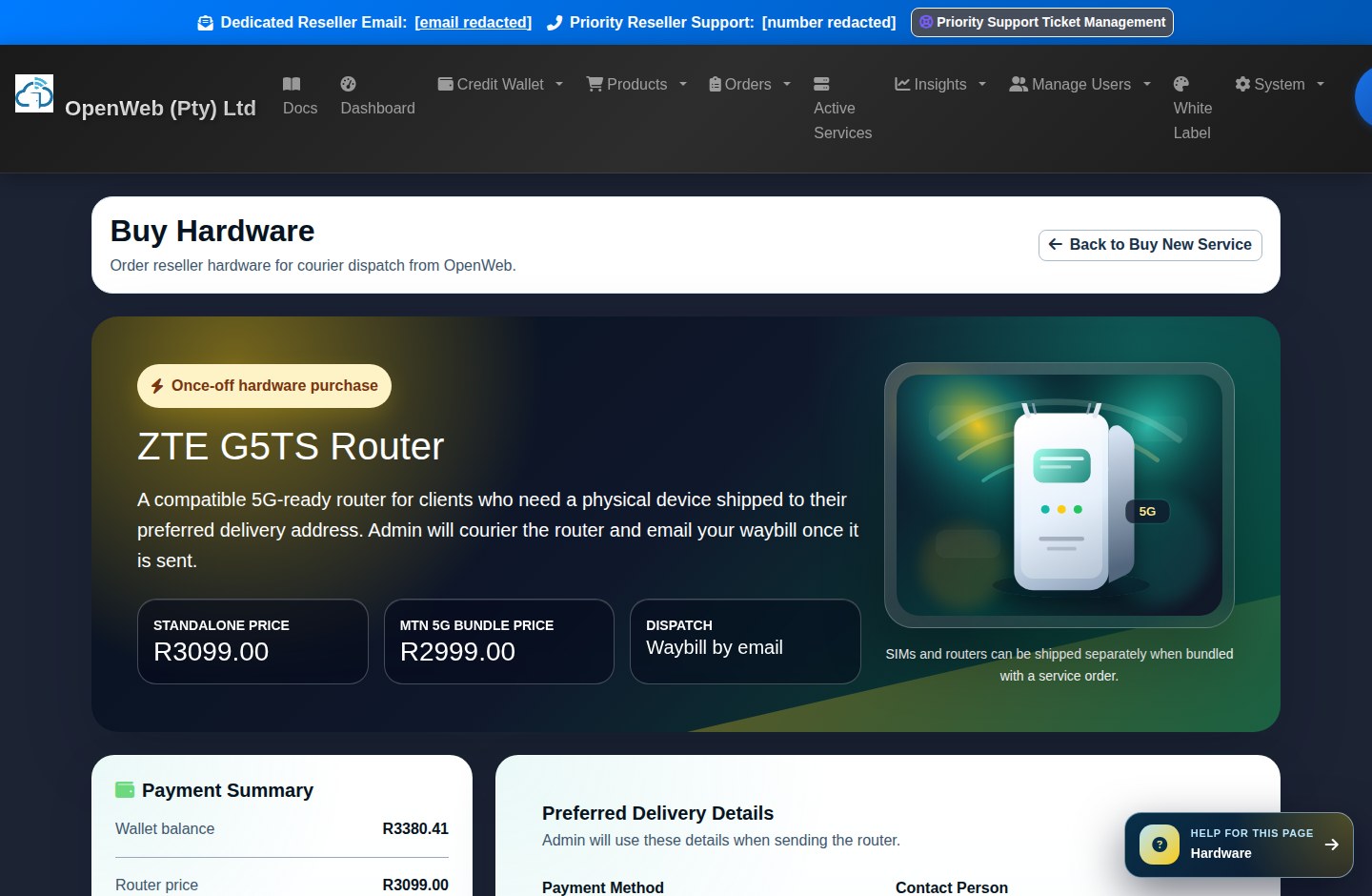 Current OpenWeb reseller panel screenshot: Hardware checkout