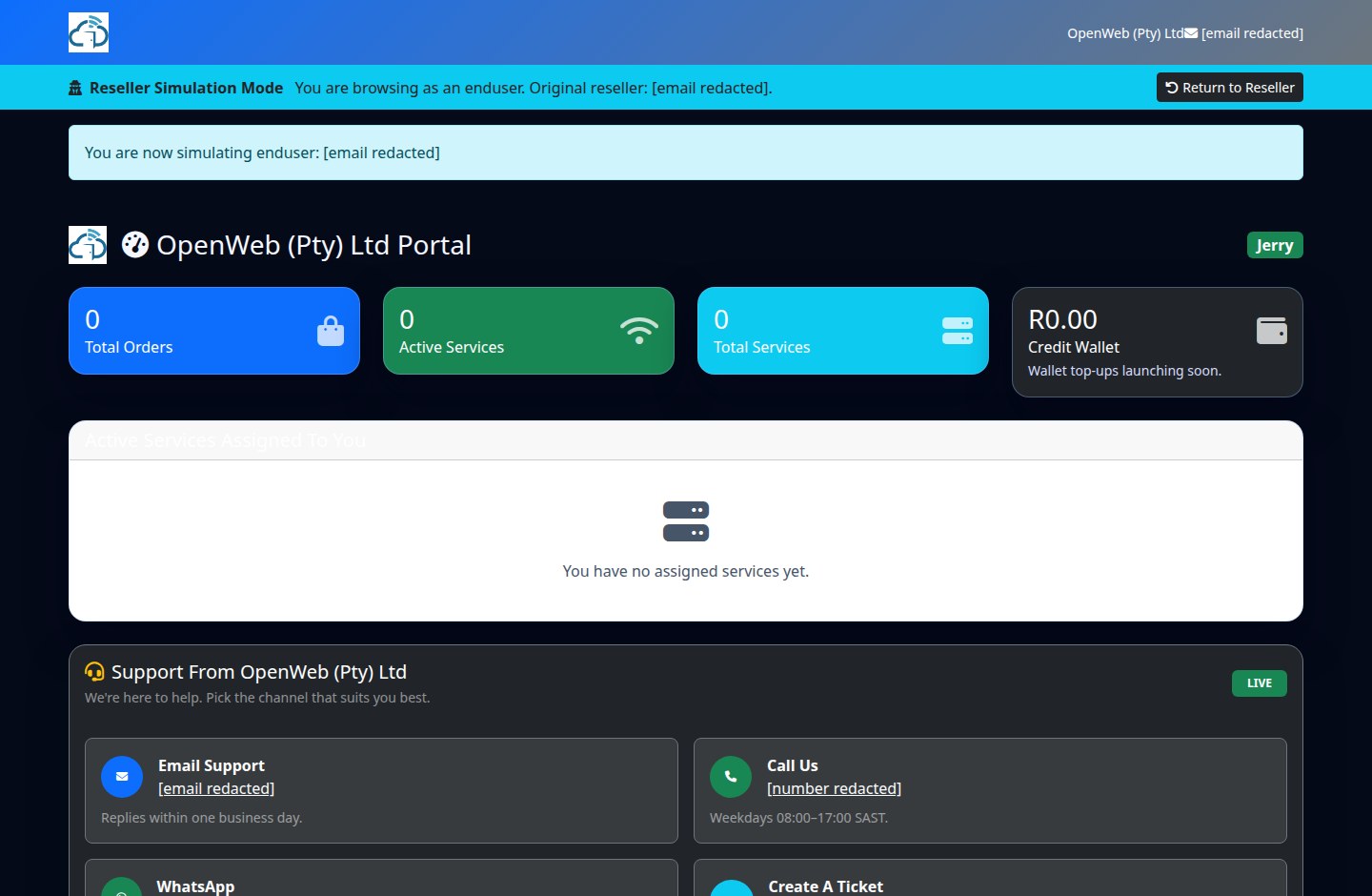 Current OpenWeb reseller panel screenshot: Enduser dashboard